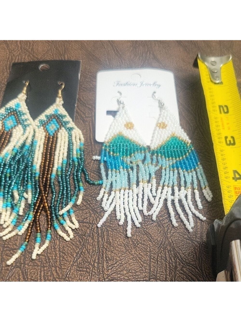 Boho Beaded Fringe Earrings Lot 2 Pairs Turquoise Brown White - Picture 8 of 9